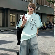 抖音得物品质二开240克宽松纯棉美式潮牌印花三条杠中性风短袖T恤，男装T恤，电商A486