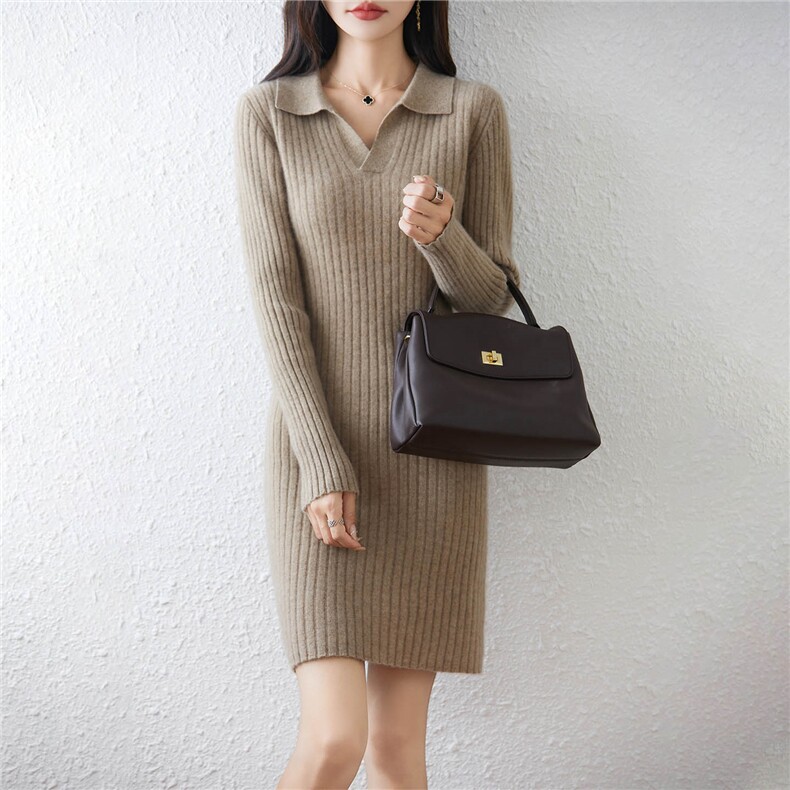 2025年秋季休闲风中长款长袖时尚百搭通勤娃娃脸开领，女装连衣裙，绒汀羊绒