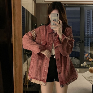 复古甜酷脏粉色水洗拼接牛仔外套男女古着情侣棒球服 C644-98图片