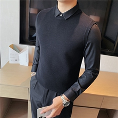 秋冬厚款假两件纯色衬衫领针织背心套头毛衣男潮灰色M8351-P88，男装背心/马甲，电商A213