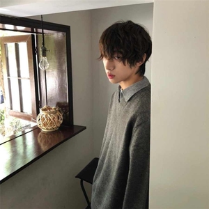 深灰色假两件针织衫男秋冬老钱风穿搭毛衣慵懒高级感V领长袖上衣图片