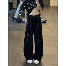 美式复古弯刀牛仔裤男女新款宽松高街直筒阔腿裤子潮WLA5522-P45，男装牛仔裤，星座1008