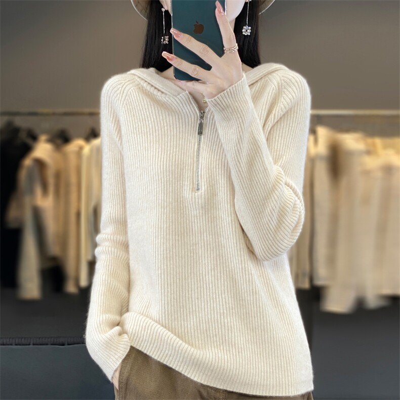 半开领拉链100%纯羊毛帽衫女秋冬新款坑条毛衣连帽羊绒衫针织卫衣,女装羊毛衫,忠诺羊绒