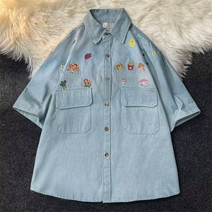 美式复古卡通刺绣印花水洗牛仔衬衫短袖男夏季痞帅炸街廓形五分袖图片