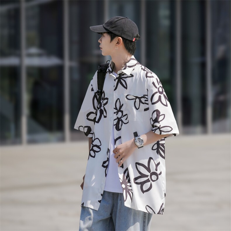 2025夏装花朵印花短袖冰丝衬衫男女潮流衬衣C309P35,男装T恤,电商C323