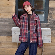 水衣源2904款牛仔格纹连帽宽松加厚加棉短款洋气时尚外套女，女装棉衣/棉服，水衣源