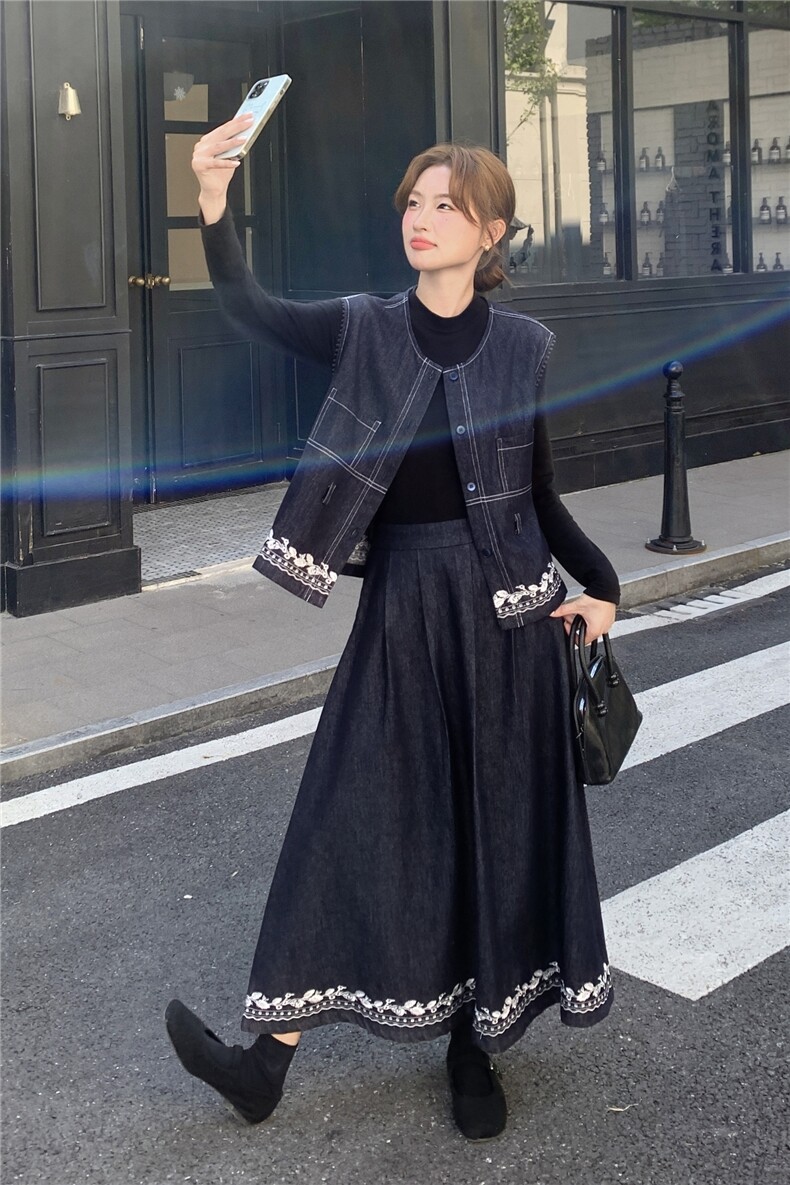 时尚气质牛仔马甲高腰半身裙两件套女2025秋季新款韩版高级感套装,女装套装/套裙,2C028