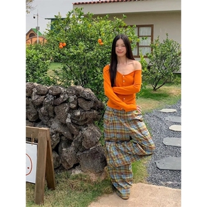 美式复古撞色条纹涂鸦阔腿休闲裤女春夏新款设计感宽松垂感长裤潮图片