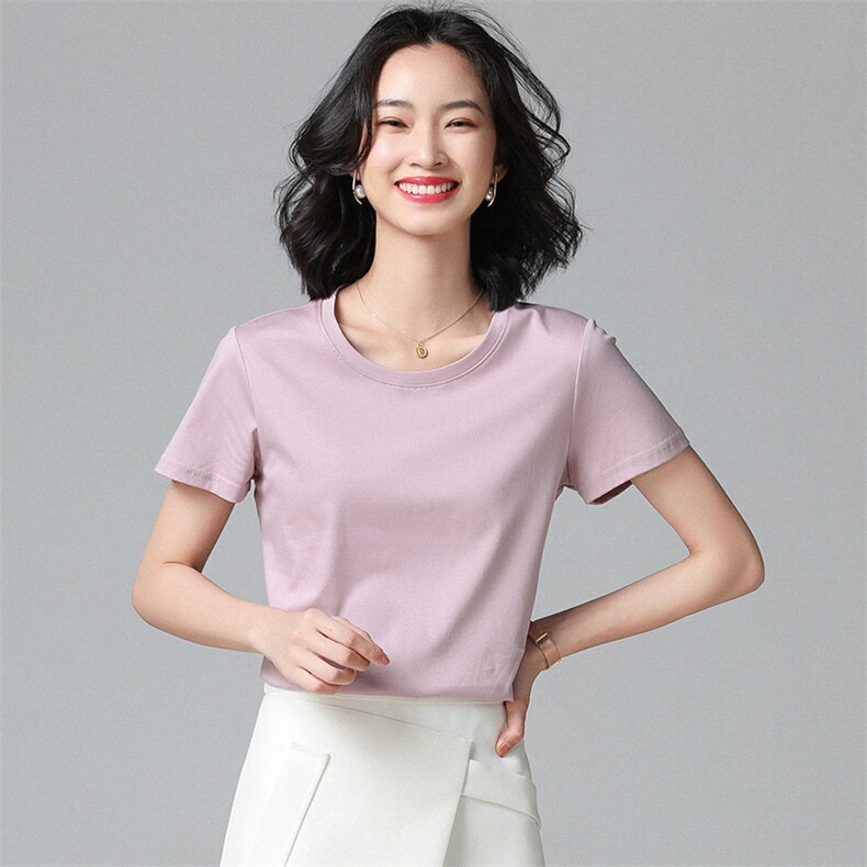 2025夏季新款薄款轻奢高级凉感丝光棉正肩短袖t恤女短款全棉半袖,女装T恤,纳丰羊绒