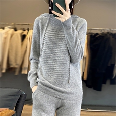 时尚百搭纯毛连帽套装显瘦修身黑色羊毛衫两件套，女装羊毛衫，梵泰羊绒