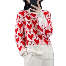 秋冬款撞色爱心100%纯羊毛衫女圆领加厚毛衣宽松羊绒衫打底针织衫，女装羊毛衫，佑昭祥羊绒