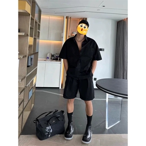 纯色冰丝速干衬衫套装男夏季潮牌拼接凉感宽松休闲短袖短裤两件套