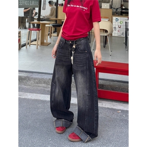 美式复古高街水洗做旧弯刀牛仔裤宽松显瘦百搭阔腿拖地裤NA12-P63图片