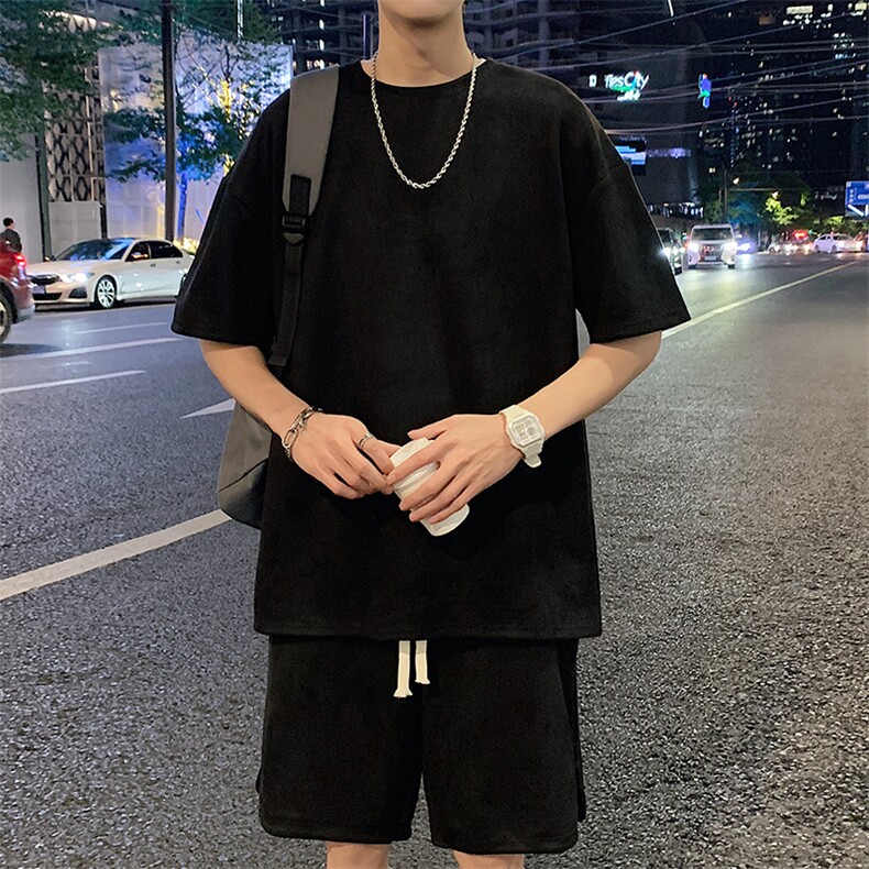 2025夏季短袖套装男士潮流宽松圆领t恤鹿皮绒两件套t2657p45,男装T恤,星座1113