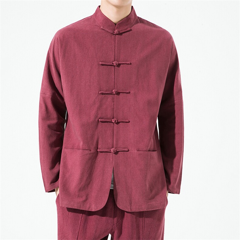 22601^春秋棉麻复古休闲唐装男士对襟盘扣茶服上衣风纯色外套,男装夹克,钱塘777(原3023)