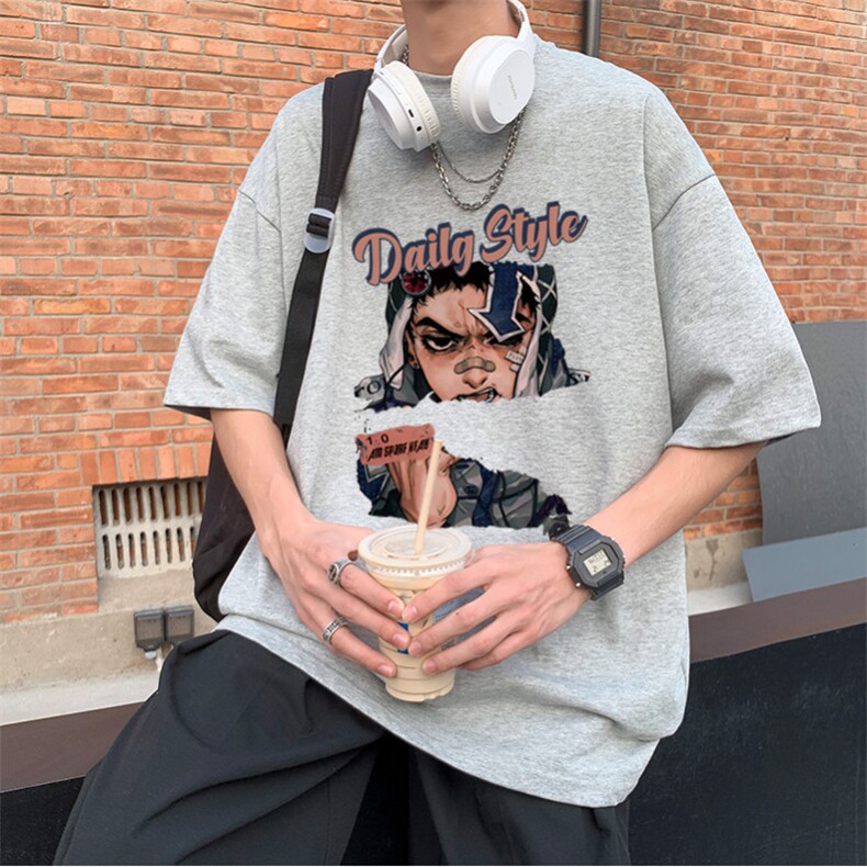 夏季纯棉港风宽松大码休闲落肩圆领短袖T恤上衣XZ310B-T907-P20，男装T恤，星座313B-2