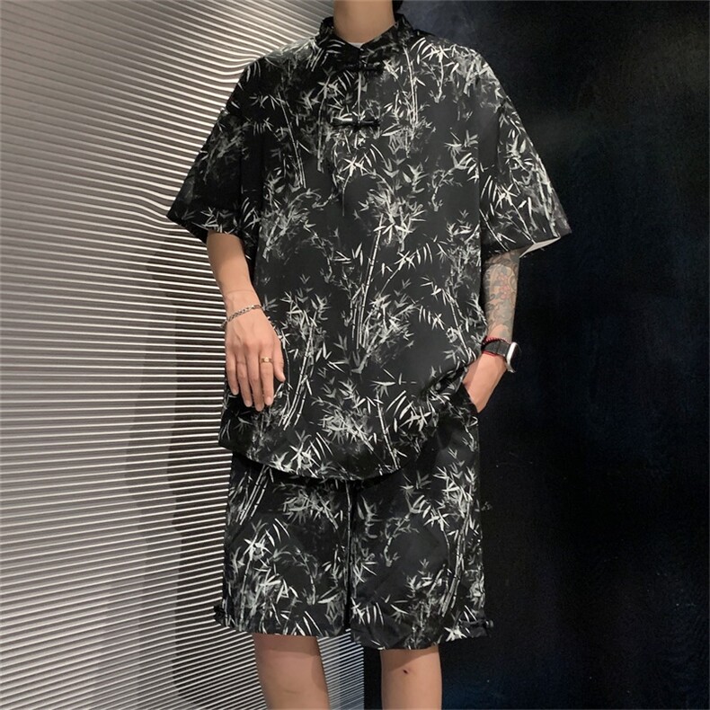 量大优供视频新风竹叶印花冰丝短袖短裤套装男TZ2403-特P50,男装休闲套装,电商A028