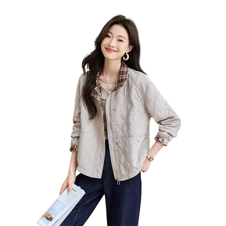 时尚格纹拼接洋气短外套女2025春秋新款宽松中年妈妈休闲显瘦上衣,女装短外套,简韵佳