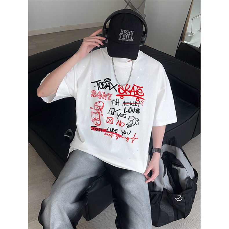 可48小时发货支持抖音得物来样二开美式满天星亮片短袖T恤MTX631,男装T恤,电商A486