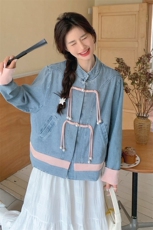 新中式复古风牛仔外套女春秋2025新款独特漂亮盘扣小个子短上衣，女装短外套，2C177