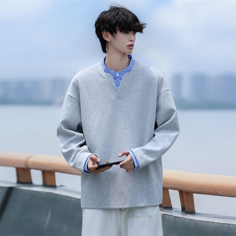 Y503-P45港风假两件小立领卫衣男落肩打底衫潮流百搭上衣外,男装T恤,星座1204