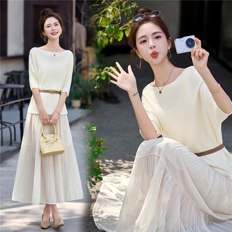 法式一字领高级感上衣+不规则裙摆半身裙两件套送腰带，女装套装/套裙，采品优优