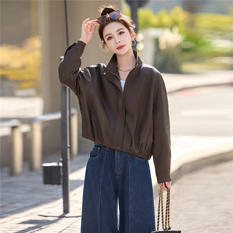 BAO现货外套女2026新款春秋季简约翻领软皮衣夹克上衣女装PU,女装皮衣,潮流依族