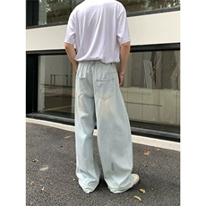 潮牌浅蓝破洞牛仔裤男款夏季2025新款oversize高街宽松直筒阔腿裤，男装牛仔裤，星座506A