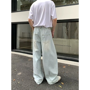 潮牌浅蓝破洞牛仔裤男款夏季2025新款oversize高街宽松直筒阔腿裤图片