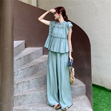 木耳边拼接小飞袖上衣阔腿裤两件套夏季2025新款高级小众淡人套装，女装套装/套裙，含赞