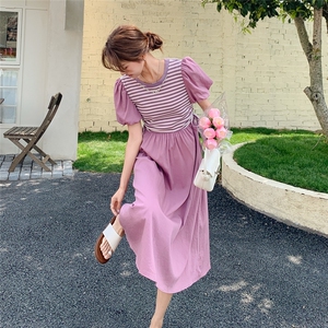 粉紫色条纹拼接连衣裙女夏新款泡泡袖小个子假两件法式气质a字裙图片