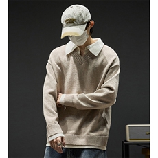 重磅北极绒假两件衬衫领毛衣美式高街复古休闲慵懒纯色翻领针织衫，男装针织衫/毛衣，电商A486