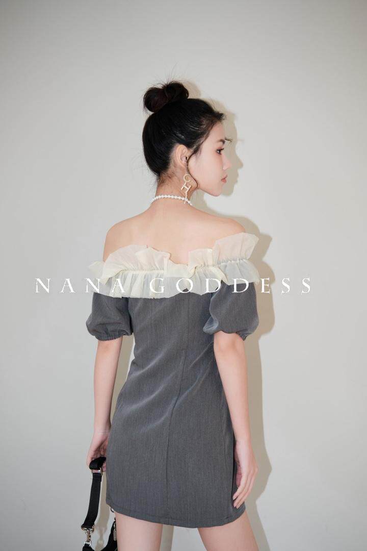 Nana-goddess夏季新品灰色荷叶一字肩连衣裙，女装连衣裙，DUOLINE(2F)