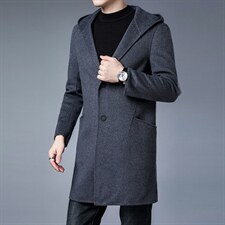 KCN2255-9秋冬男士连帽外套修身呢子羊毛中长款大衣风衣P385，男装风衣，电商B360