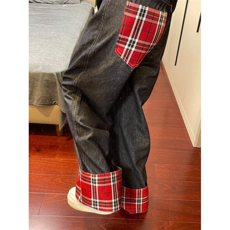 【有货】美式格子拼接卷边牛仔裤男女阔腿裤子高街NZ011HH-特P48,男装牛仔裤,星座1007（原301D）