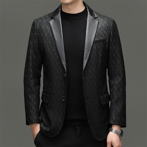BG8113春秋款海宁真皮皮衣男绵羊皮印花西服商务休闲男装外套图片