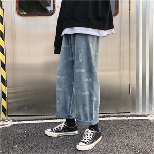 春秋潮牌阔腿牛仔裤韩版宽松潮流直筒裤老爹男女长裤子潮BK35-P38图片