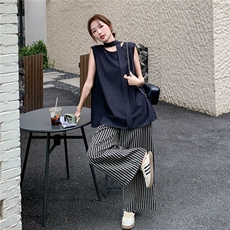 2025夏季新款女韩版时尚气质百搭显瘦无袖背心条纹阔腿裤两件套，女装套装/套裙，2C090