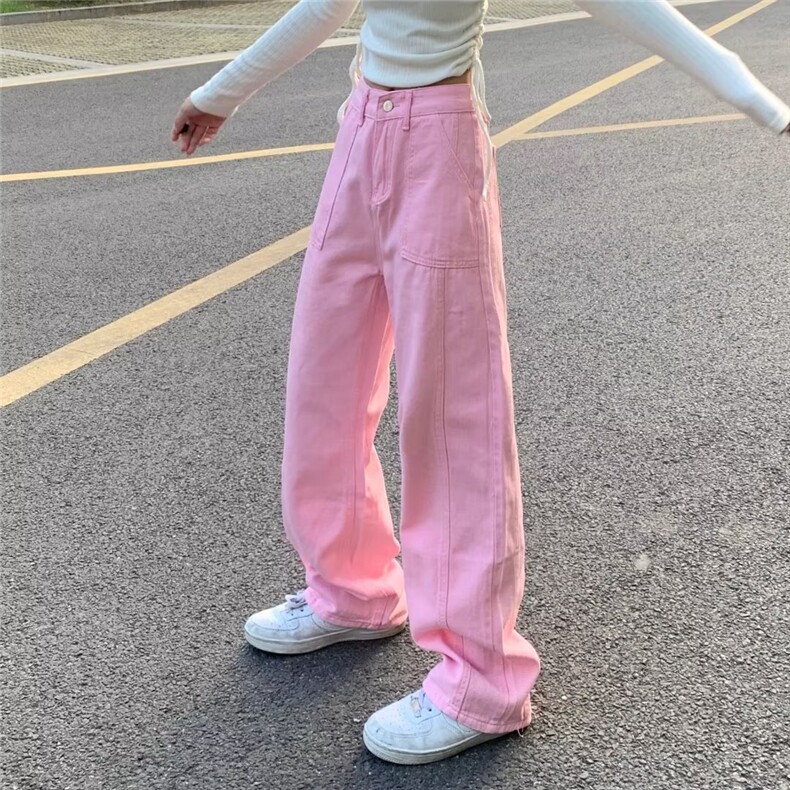 高街粉色牛仔裤男女潮牌潮流宽松休闲阔腿情侣工装裤60222-p45，女装牛仔裤，星座1008-2