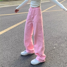 高街粉色牛仔裤男女潮牌潮流宽松休闲阔腿情侣工装裤60222-p45，女装牛仔裤，星座1008-2