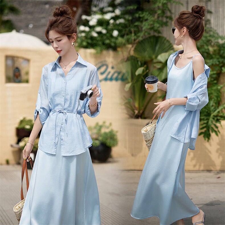 欧洲站2025春夏新款遮肚显瘦天丝收腰衬衫吊带绸缎连衣裙两件套女，女装套装/套裙，意芙