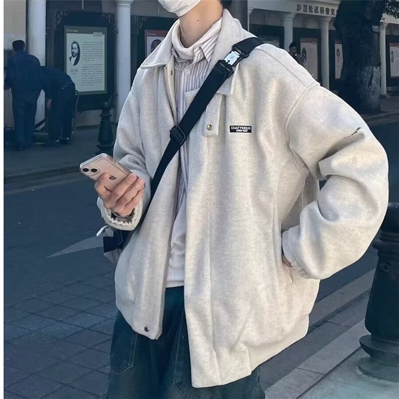 常规单件单排扣宽松型口袋百搭秋冬美式复古毛呢翻领夹克长袖简约图片