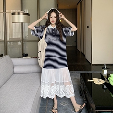 现货设计感韩系条纹拼接蕾丝花边连衣裙M28P125K178，女装连衣裙，2C236