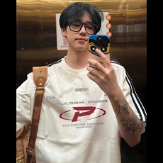 夏季美式高街重磅纯棉三条杠织带撞色男女短袖T恤STG287特P25，男装T恤，电商A486