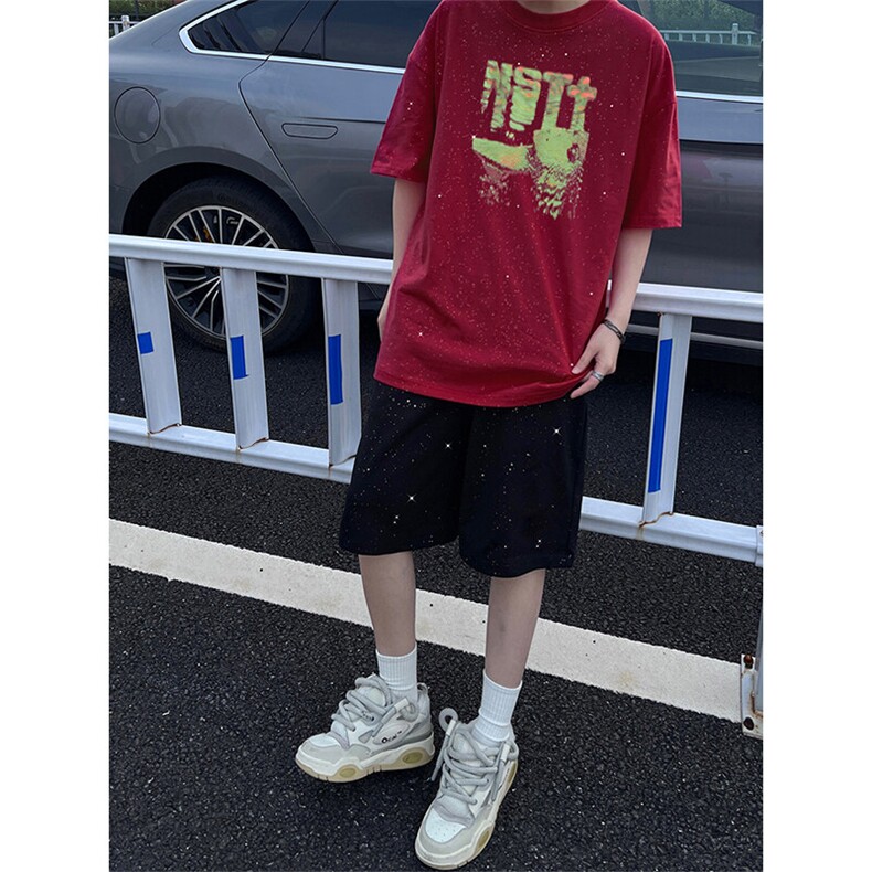 可48小时发货支持抖音得物来样二开美式满天星亮片短袖T恤MTX659,男装T恤,电商A486