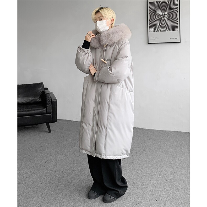 8XL-M90白鸭绒大毛领羽绒服男中长款过膝设计感牛角扣YRFC05P398，男装羽绒服，电商D206-1