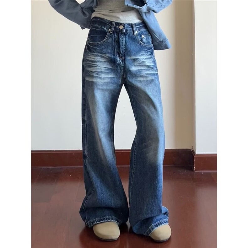 美式复古高腰阔腿牛仔女辣妹高街设计感宽松垂感直筒裤L9159-P48图片