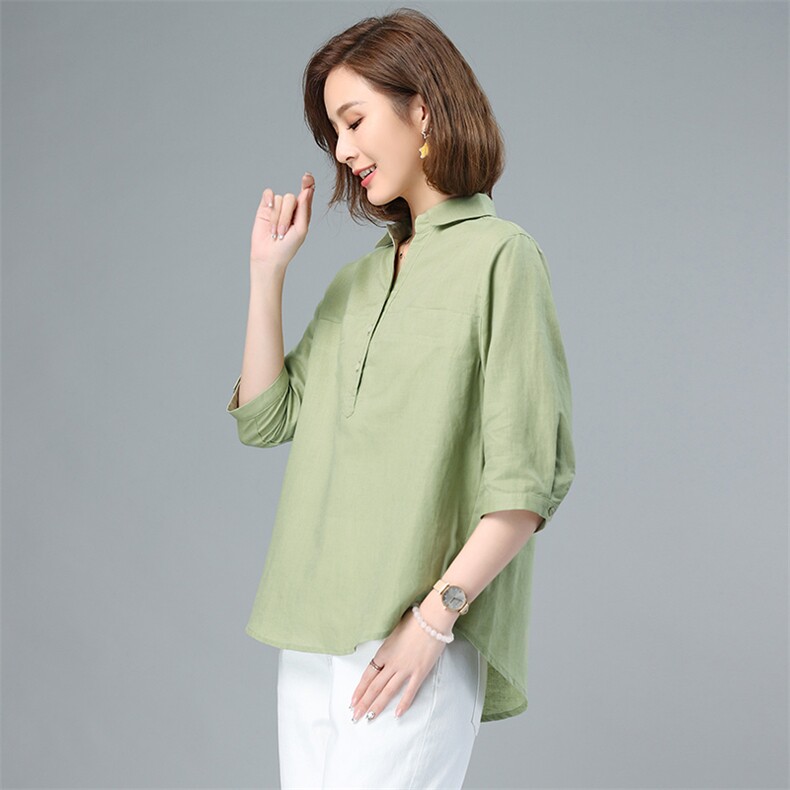 棉麻衬衫女短袖韩版显瘦大码前短后长遮肚子衬衣夏季亚麻上衣女，女装衬衫，希欧阁