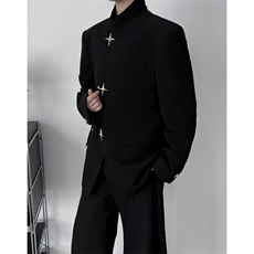 新中式男装黑色垫肩西装外套男痞帅风中山装西服夹克W6344-P65，男装夹克，星座412-2