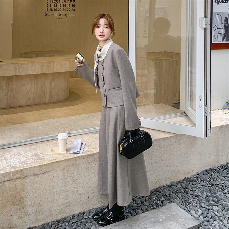 小众设计感韩系chic撞色飘带领外套女春季时尚高端气质长裙两件套,女装套装/套裙,2C255
